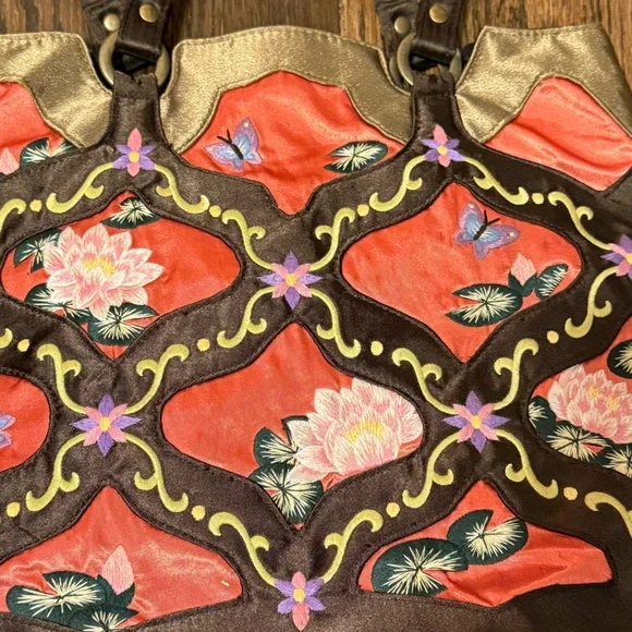 Papillon Blanc Silk Brown and Coral Floral Shoulder Bag - Picture 4 of 7